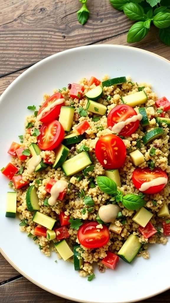 A colorful vegan quinoa and vegetable dish with zucchini, bell pepper, and cherry tomatoes, garnished with herbs on a rustic table.